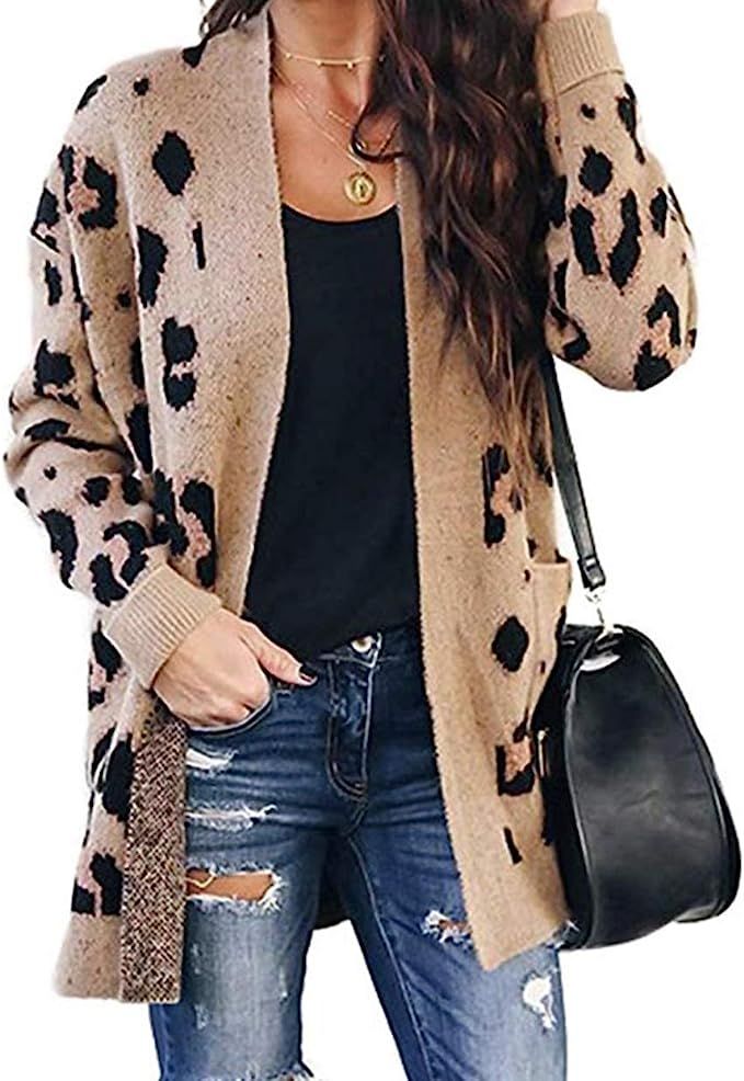 BTFBM Women Chic Leopard Print Cozy Sweater Pockets Button Down Open Front Loose Knitted Long Car... | Amazon (US)