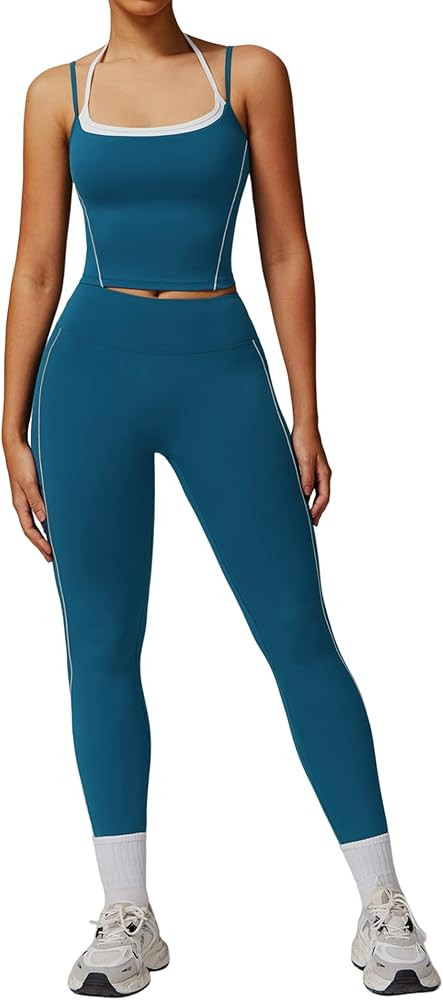 Womens Workout Sets Two Piece Spaghetti Straps Tank Top Matching High Waist Leggings Gym Work Out... | Amazon (US)