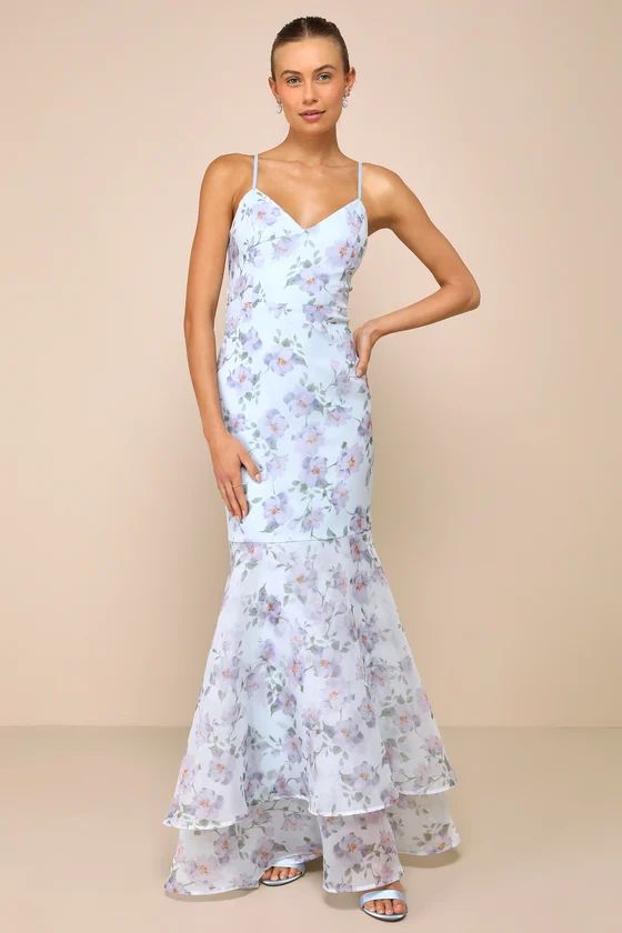 Pure Splendor Light Blue Floral Organza Trumpet Maxi Dress | Lulus
