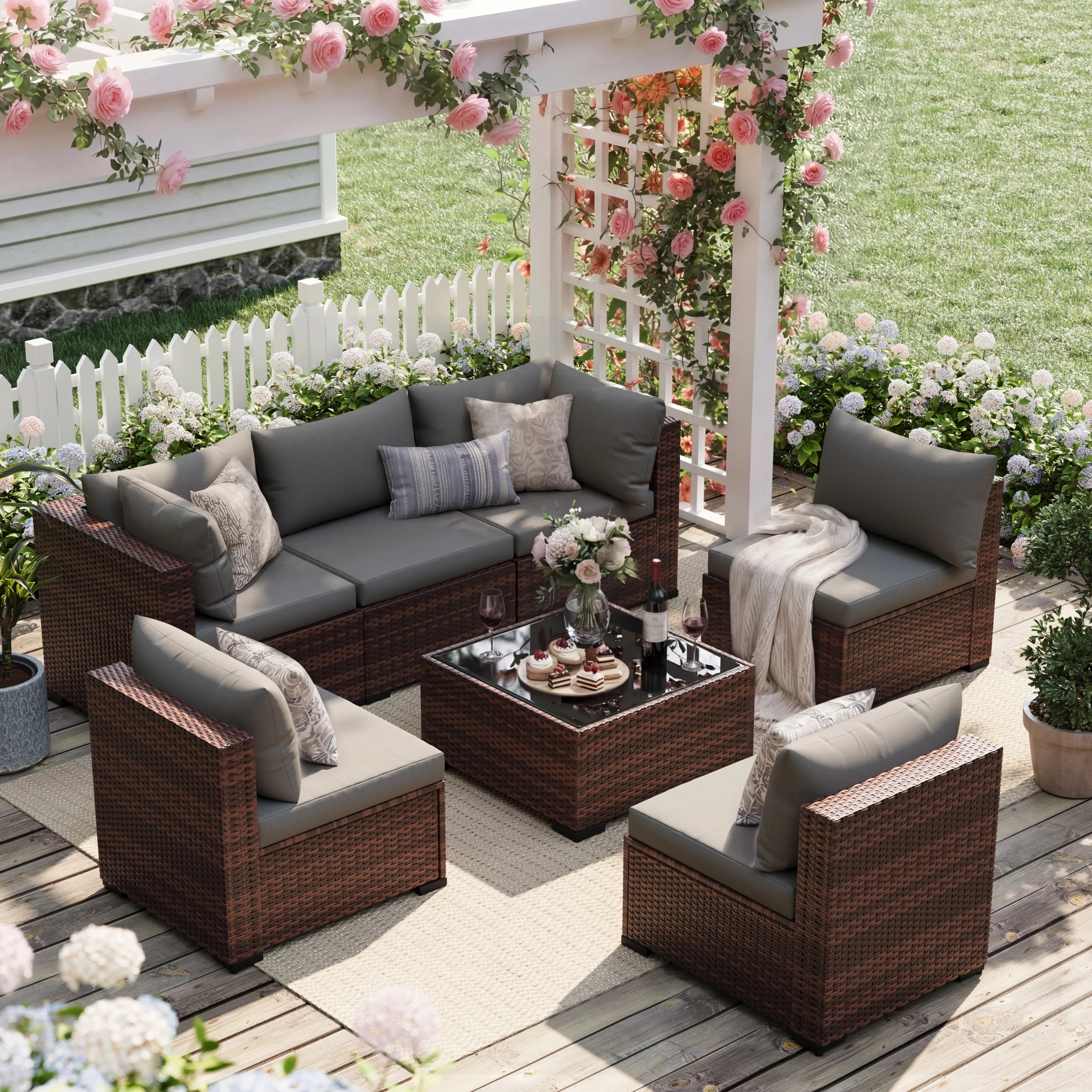 UDPATIO 7-Piece Rattan Outdoor Conversation Set with Glass Coffee Table, Grey | Walmart (US)