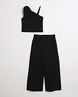 Girls black bow one shoulder top set | River Island (UK & IE)
