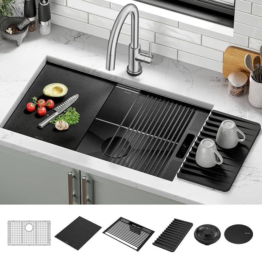 DELTA FAUCET Delta Rivet 30 Inch Black Stainless Steel Undermount 16 Gauge Workstation Kitchen Si... | Amazon (US)
