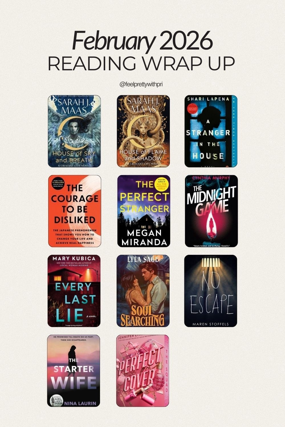 My February reading list included fantasy, psychological thrillers, small town romance, horror, and personal development. Some books completely captured me, while others didn’t quite land, but each one clarified what I value most as a reader. Full reviews on feelprettywithpri.com 📚 

#LTKdayinmylife #LTKHome