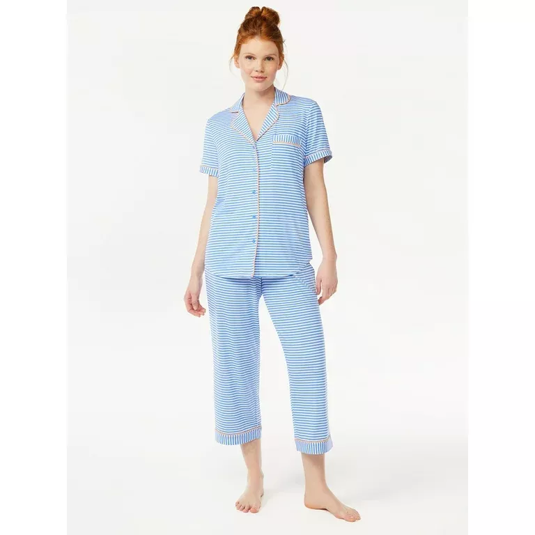 Joyspun Women's Woven Notch Collar Top and Capri Pajama Set, Sizes S to 3X  