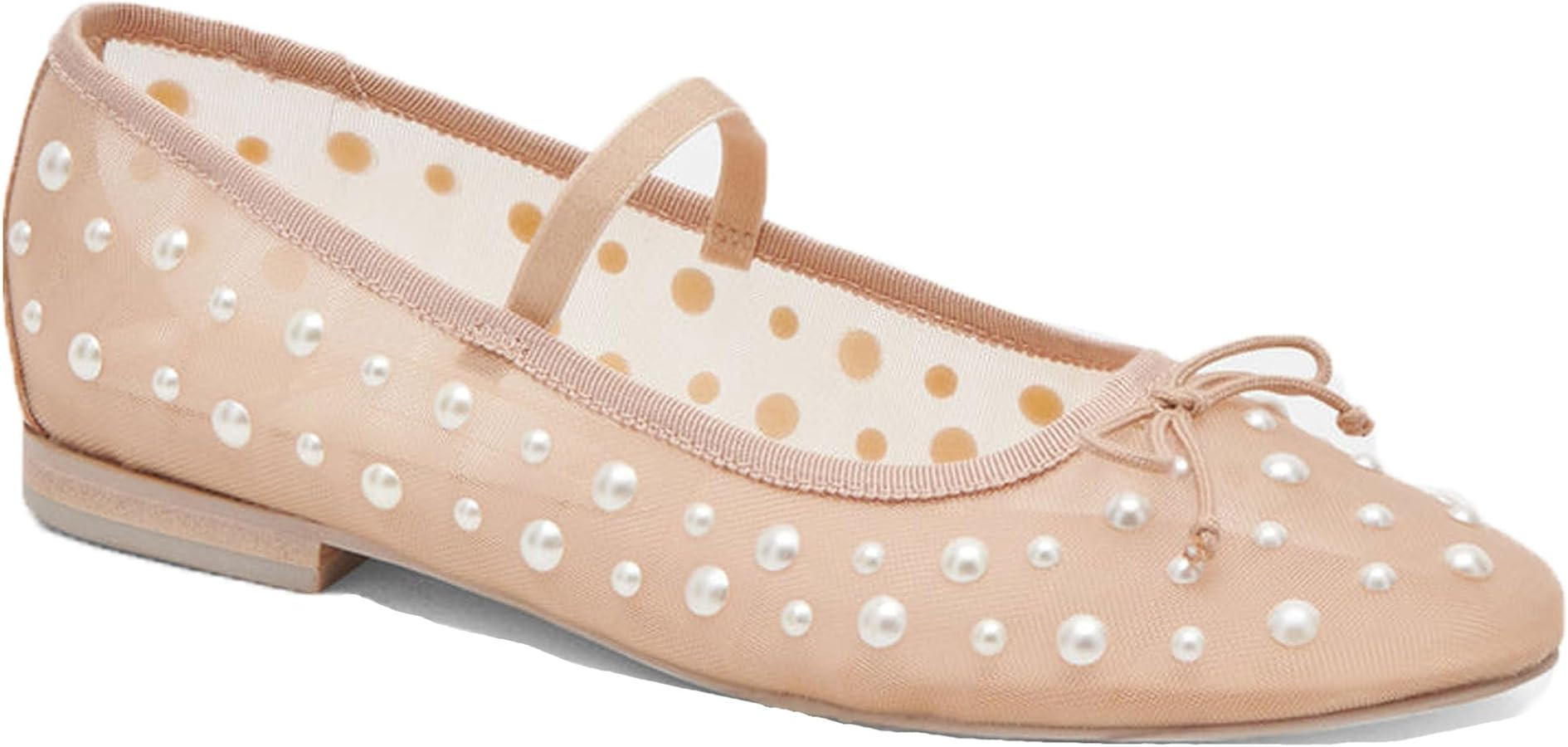 Nude Pearl Mesh Ballet Flats for Women Bow Mary Jane Flats Comfortable Casual Dress Ballerina Fis... | Amazon (US)