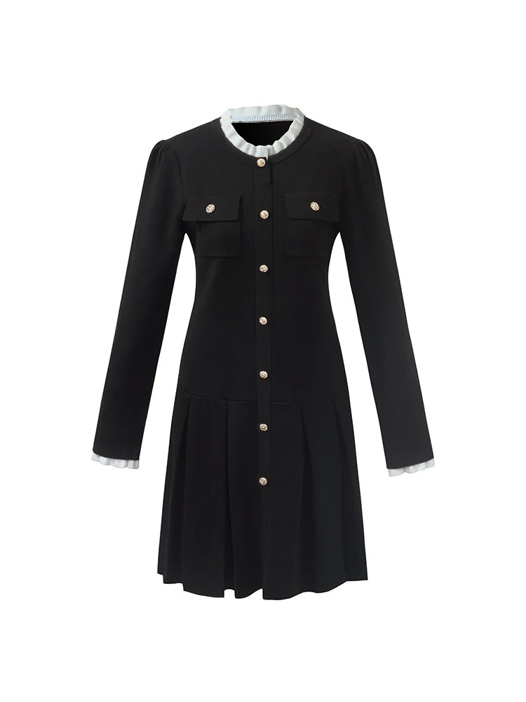 Ruffle Collared Single-Breasted Pleated Women Mini Dress | GOELIA