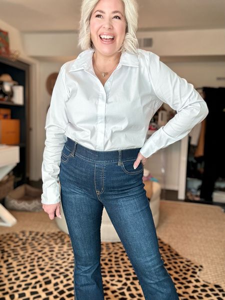 SPANX bootcut denim 
Use code WANDAXSPANX saves 10% 
White blouse is XL but has tons of stretch 
Get your true size 

#LTKunder100 #LTKsalealert #LTKFind