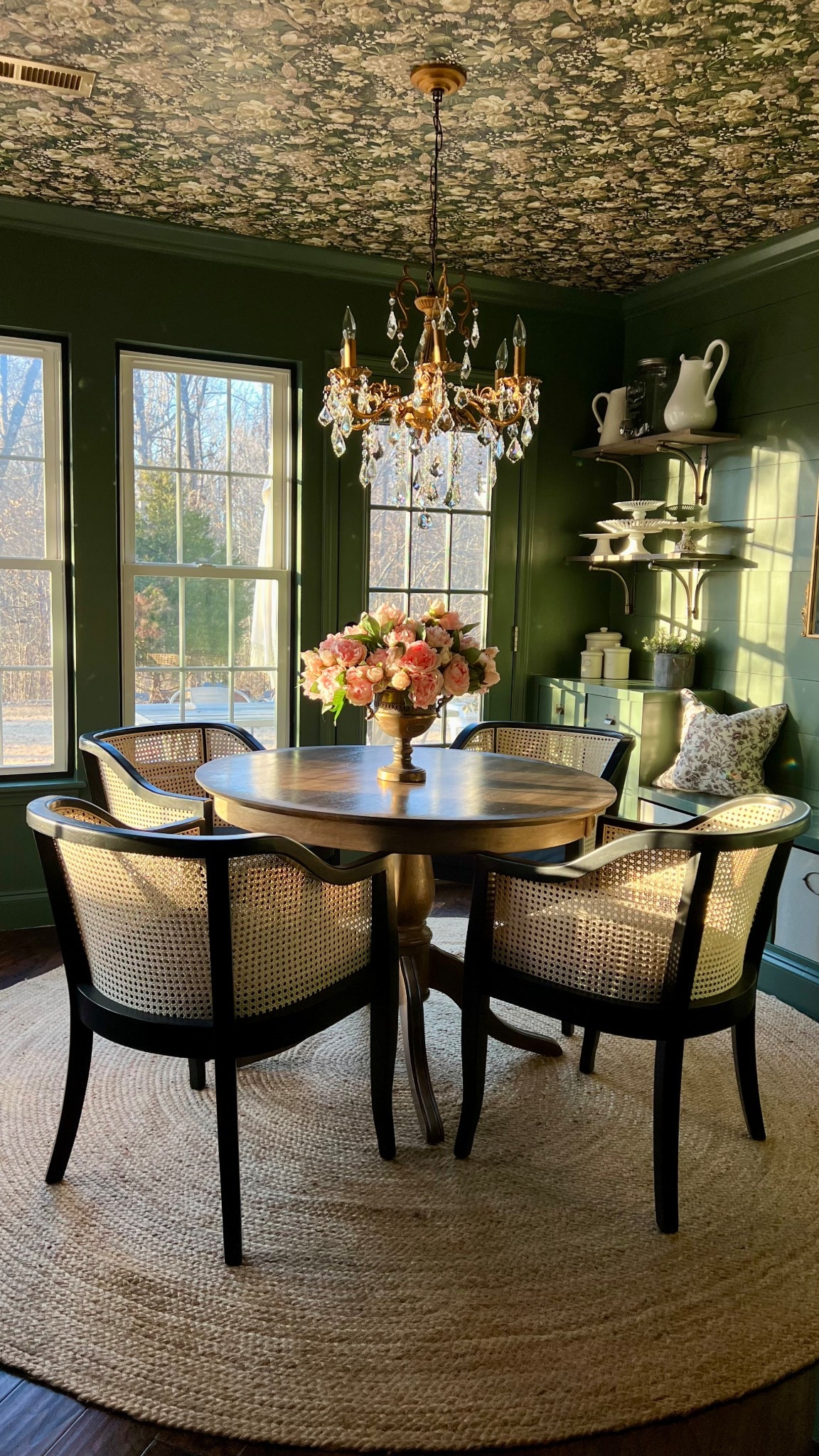 Green dining room refresh!
Dining room chairs
Gold crystal chandelier 
Floral peel and stick wallpaper
French cane chairs
Faux peonies

#LTKHome