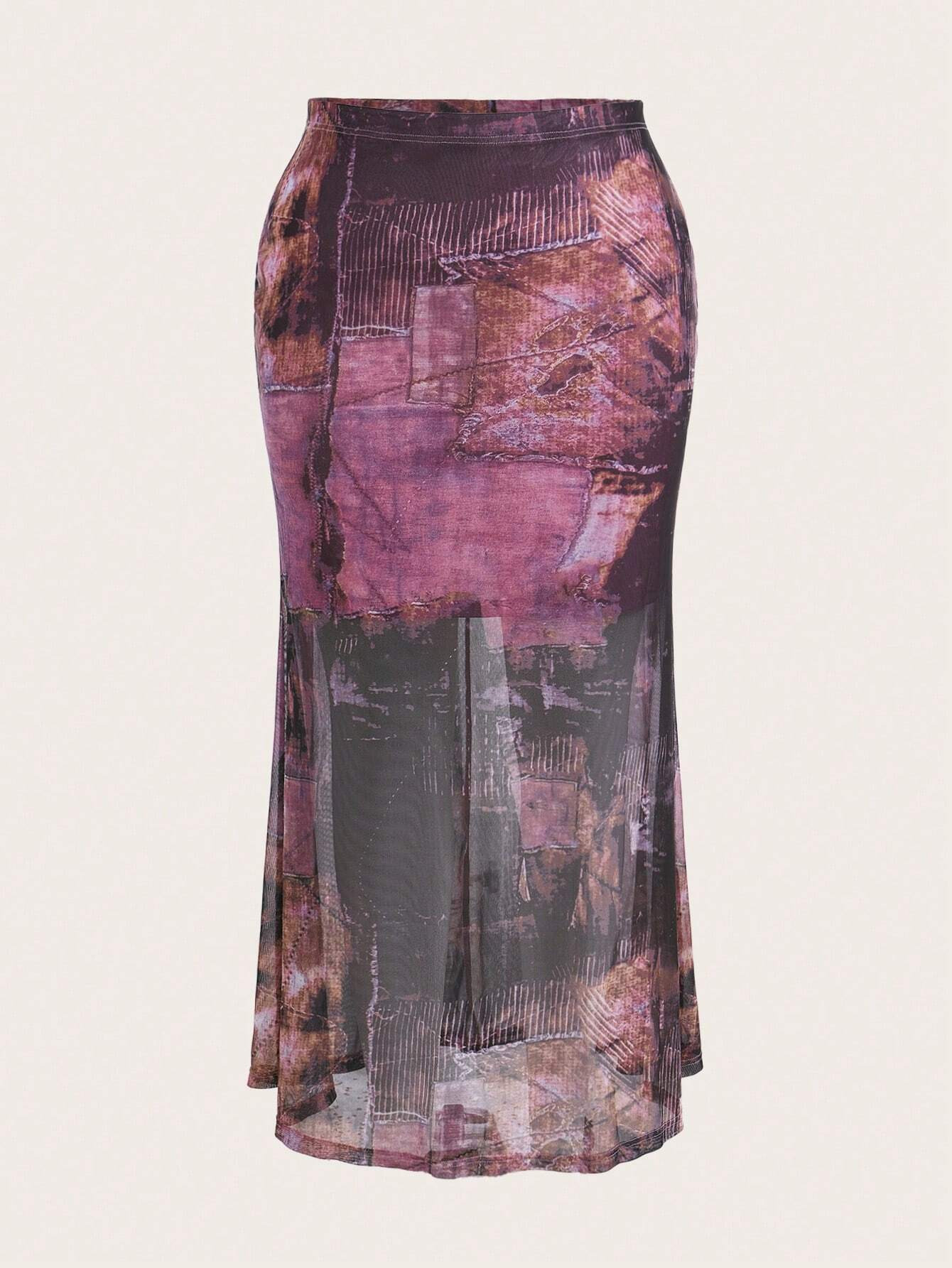 SHEIN ICON Plus Patchwork Print Mesh Skirt | SHEIN