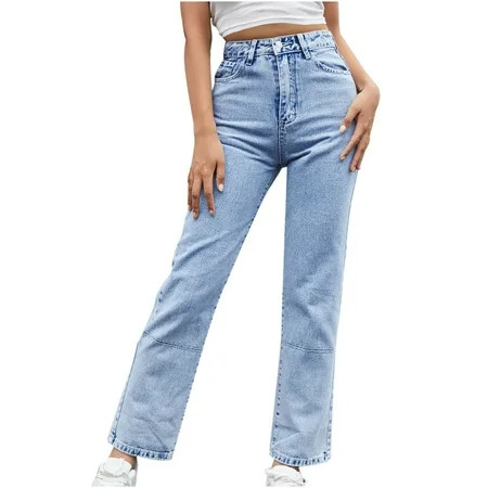 Ganfancp Womens Jeans Solid Color High Waisted Jeans for Women with Pockets Versatile Straight Trous | Walmart (US)