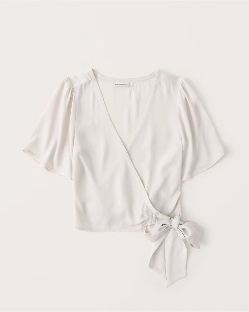 Short-Sleeve Faux Silk Wrap Top | Abercrombie & Fitch (US)