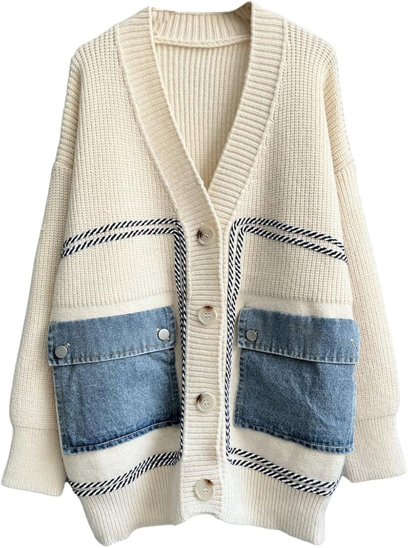 CHARTOU Women's Open Front Cardigan Oversized Button Down Denim Jean Patchwork Sweater Coat | Amazon (US)