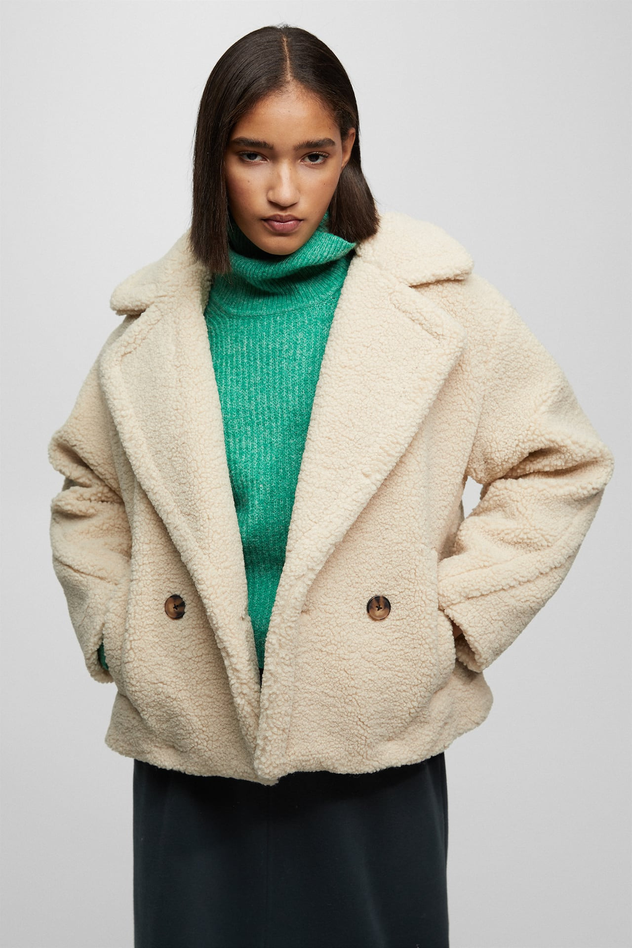 Short faux shearling coat with lapel collar | Sherpa Jacket | Beige Jacket | Winter Coat | PULL and BEAR UK