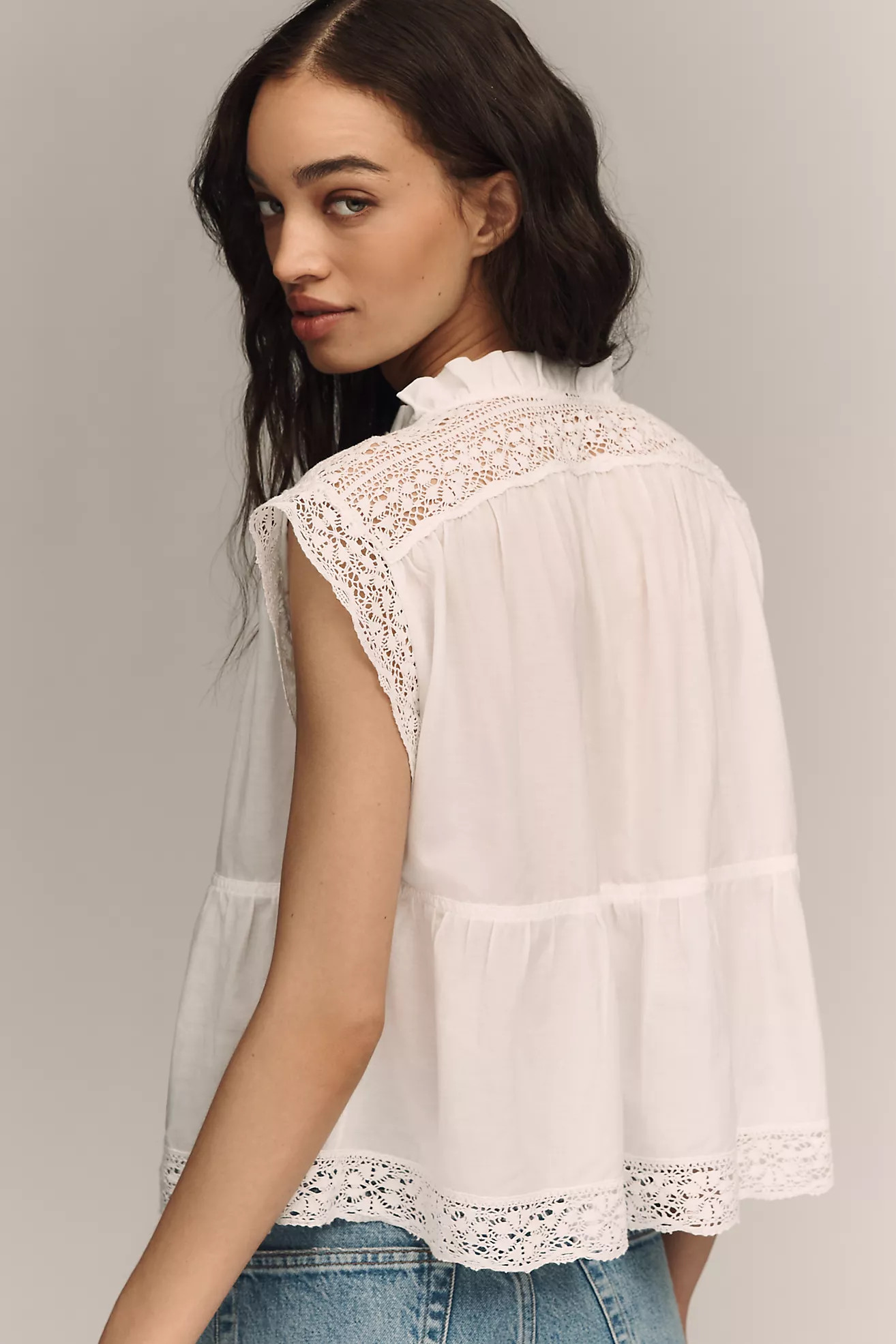 By Anthropologie Short-Sleeve Lace-Trim Swing Blouse | Anthropologie (US)