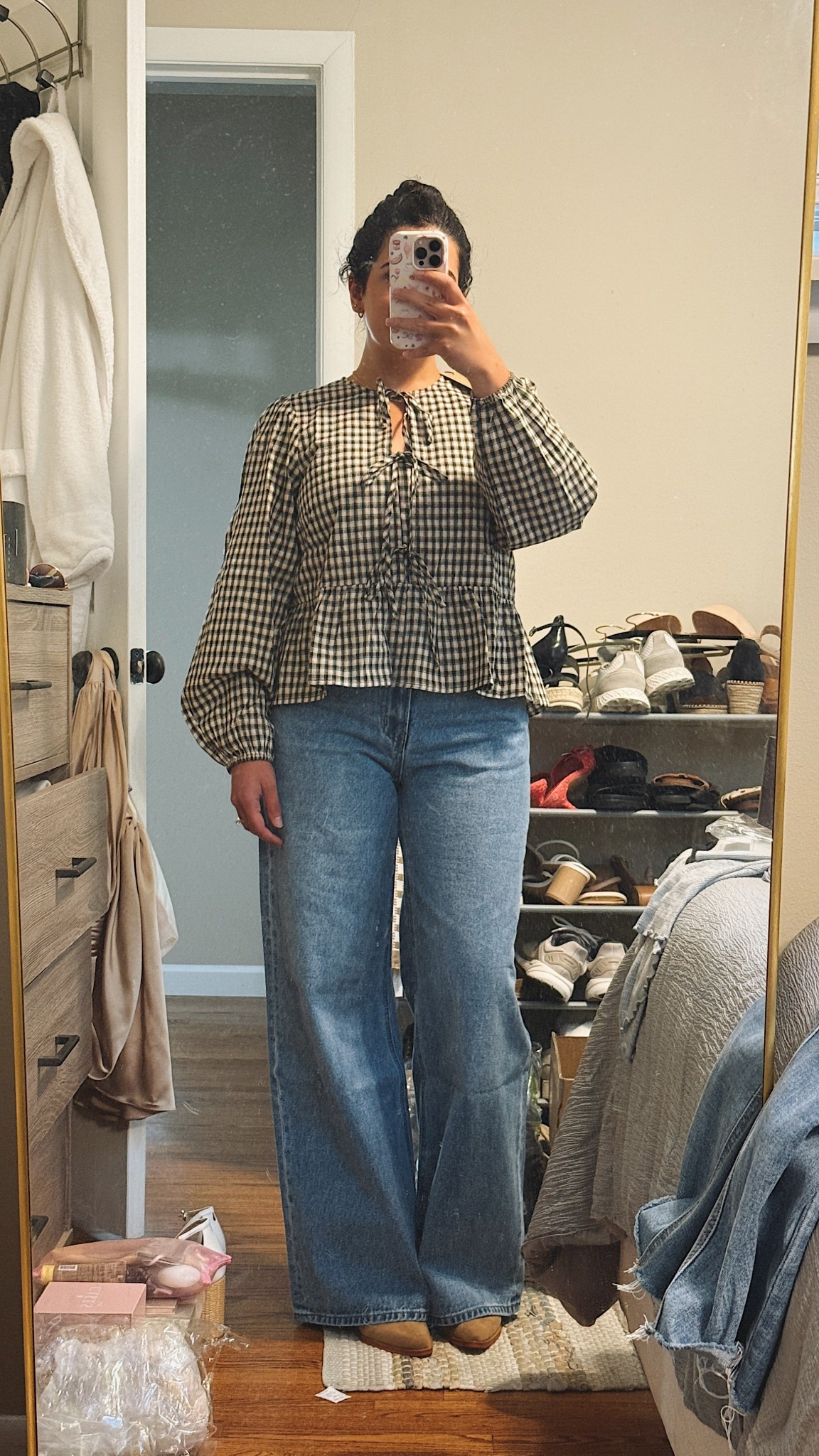 The cutest fall fit from Lane 201 ft. my dirty mirror & room😅  everything is TTS!

Top: size S
Jeans: size M
Boots: size 8

Wide leg jeans, blouse plaid top, bow top, ankle boots, fall outfit idea 