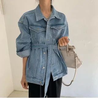 Bakli - Washed Single-Breasted Denim Jacket with Belt | YesStyle Global