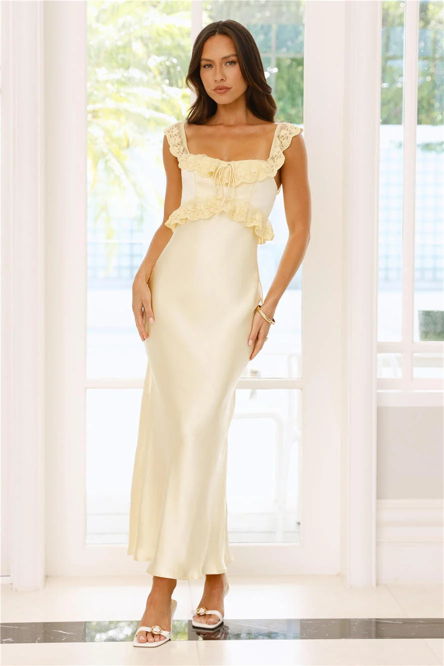 Waltzing In Romance Satin Maxi Dress Yellow | Hello Molly (US)