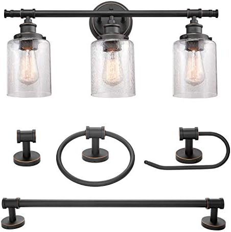 Globe Electric 51415 Camden 5-Piece All-in-One Bathroom Set, 3 Vanity Light with Seeded Glass Shades | Amazon (US)