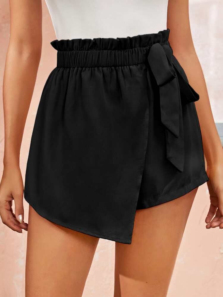 SHEIN Paperbag Waist Tie Front Warp Skort | SHEIN