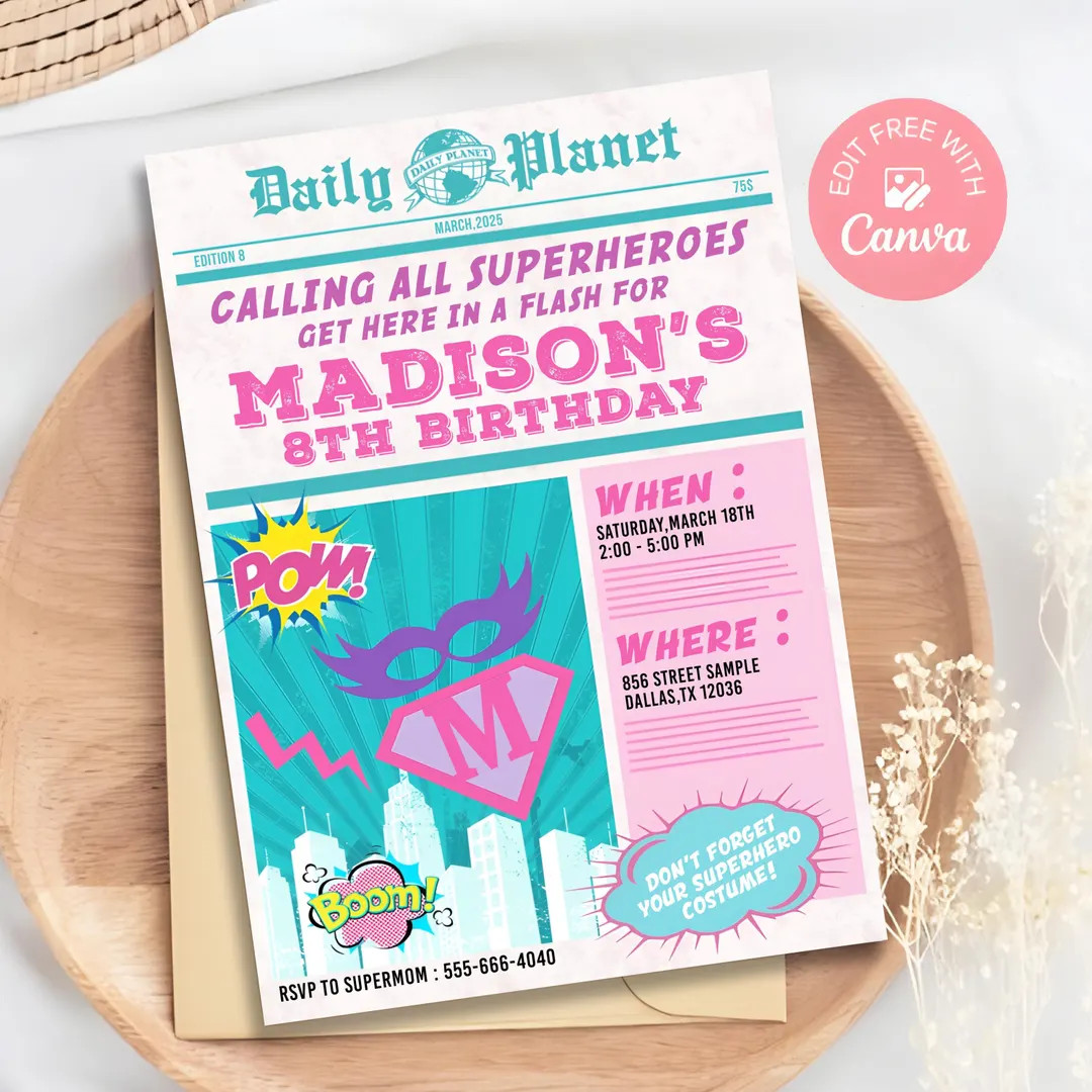 Editable Superhero Newspaper Invitation, Superhero Birthday Invitation, Superhero Girl Invitation... | Etsy (US)