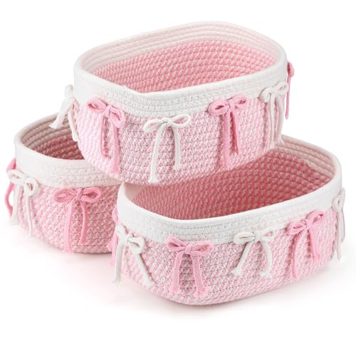 Geelin 3 Pcs Pink Bow Baskets for Gift Cute Coquette Woven Rope Gift Baskets Rectangle Shelf Organizer Laundry Hamper Storage Bins for Closet Bedroom Decor Nursery Toys Organizing, 11.8''x7.8''x4.7'' | Amazon (US)