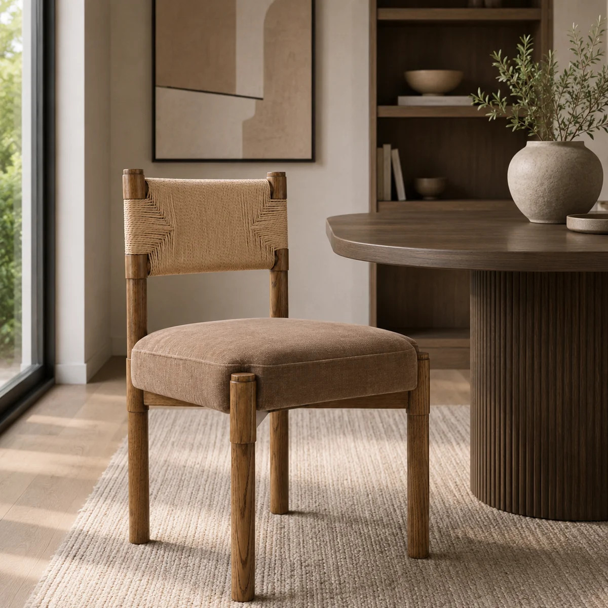 Upholstered Dining Seat with Hand-Woven Paper Rope Backrest and Solid Oak Frame | Wayfair North America