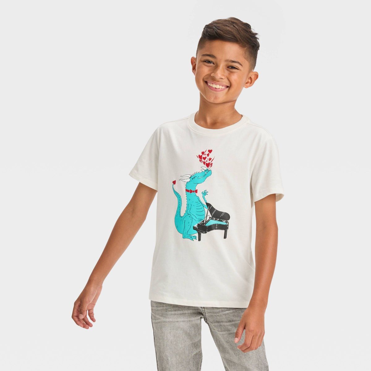 Boys' Short Sleeve Valentine's Day Dragon Playing Piano Graphic T-Shirt - Cat & Jack™ Cream | Target