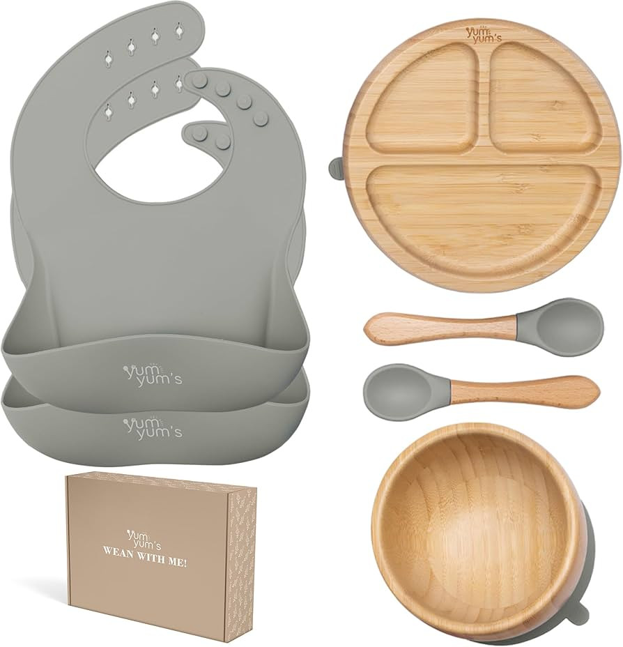 Yum Yum's Set of 6, Baby Feeding Set, Baby Plates with Suction, Bamboo Plates, Baby Bowl & Wooden... | Amazon (UK)