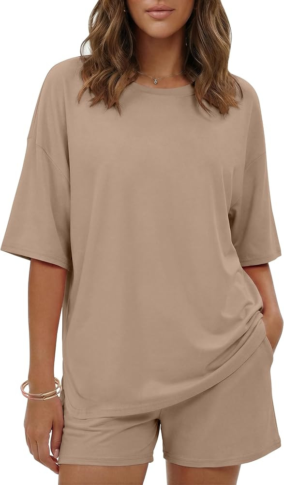 Ekouaer Women's Two Piece Lounge Set Oversized Boxy T-shirt Casual Short Sets Summer Travel Match... | Amazon (US)