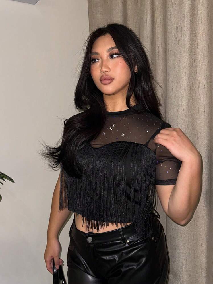 SHEIN Privé Plus Size Women's Short Sleeve Slim Fit Sequin & Mesh Patchwork T-Shirt, Party & Date Night | SHEIN