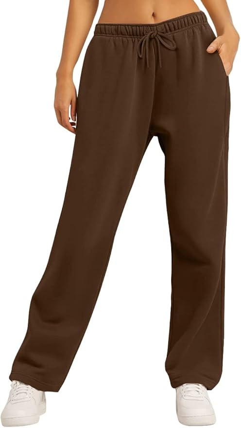 AUTOMET Women’s Fleece Lined Sweatpants Baggy Wide Straight Leg Pants | Amazon (US)
