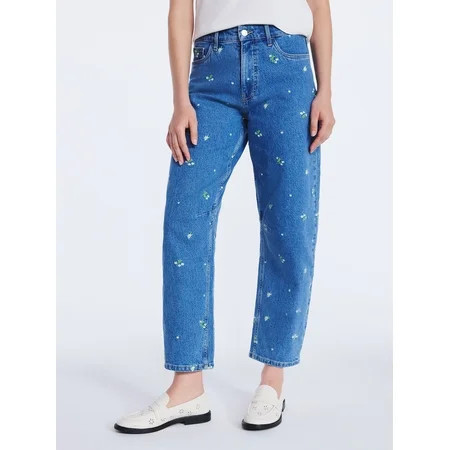 Free Assembly Women s and Women s Plus Embroidered Mid Rise Cropped Barrel Jeans Sizes 0-26W | Walmart (US)