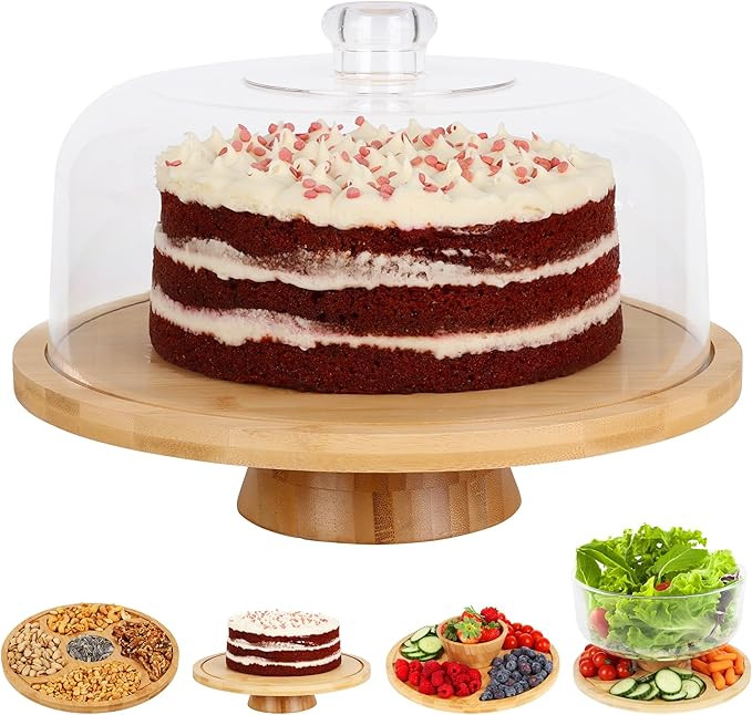 JOEY'Z 6 in 1 Large Bamboo Wood Cake Stand with Lid - Multiuse Wooden Cake Stand with Dome Acryli... | Amazon (US)
