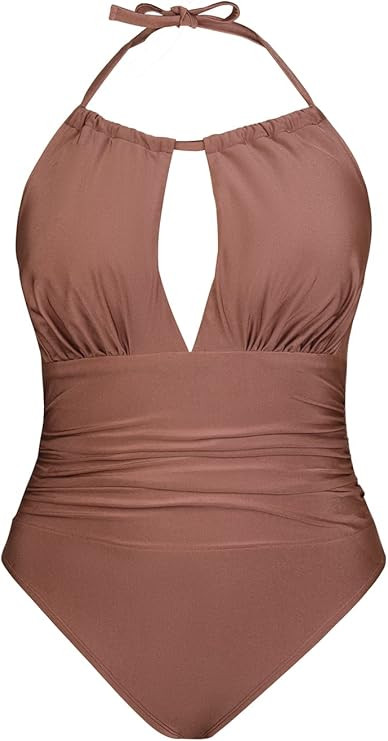 CUPSHE Plus Size One Piece Swimsuit for Women Swimwear Halter Two Piece Straps Ruched Hollow Out | Amazon (US)