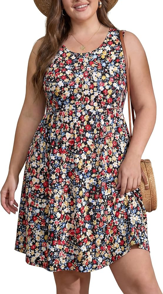 OLRIK Womens 2026 Plus Size Sundress A-Line Summer Sleeveless Knee Length Empire Waist T-Shirt Dr... | Amazon (US)
