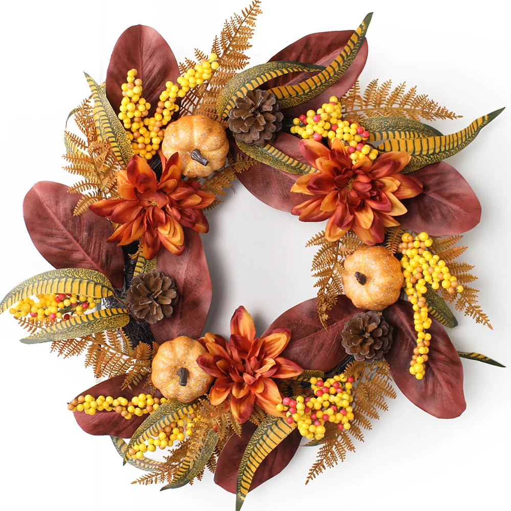 24" Foldable Pumpkin & Dahlia Fall Wreath for Front Door – Artificial Autumn Wreath with Maple ... | Wayfair North America