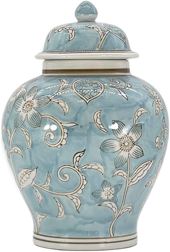 Light Blue and White Flower Chinoiserie Jar 12" w/ Lid - Ginger Jar, Tea Storage, Decorative, Hom... | Amazon (US)