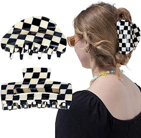 Hair Claw Clips Checker Hair Clips Banana Barrettes Acrylic Black White Vintage Jaw Clips French ... | Amazon (US)