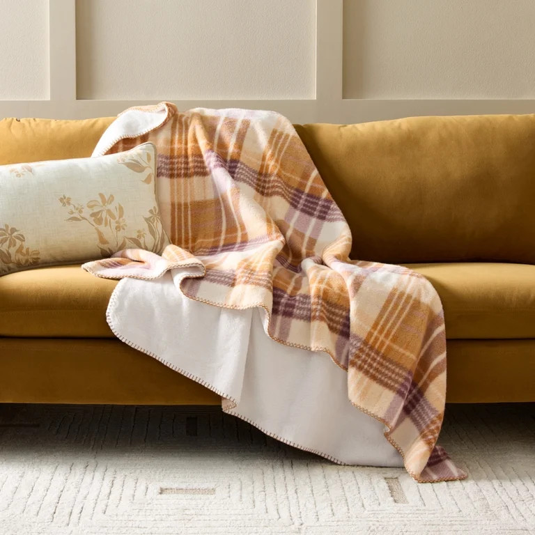 Better Homes & Gardens Plaid Reversible Faux Wool to Faux Fur Oversized Couch Throw Blanket, Almo... | Walmart (US)