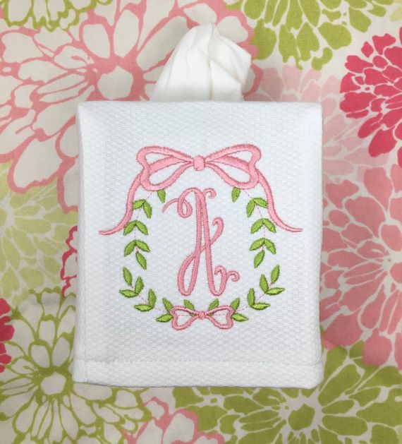 Monogrammed Tissue Box Cover Linen-Laurel Wreath Monogram, monogrammed gift-personalized gift-hos... | Etsy (US)