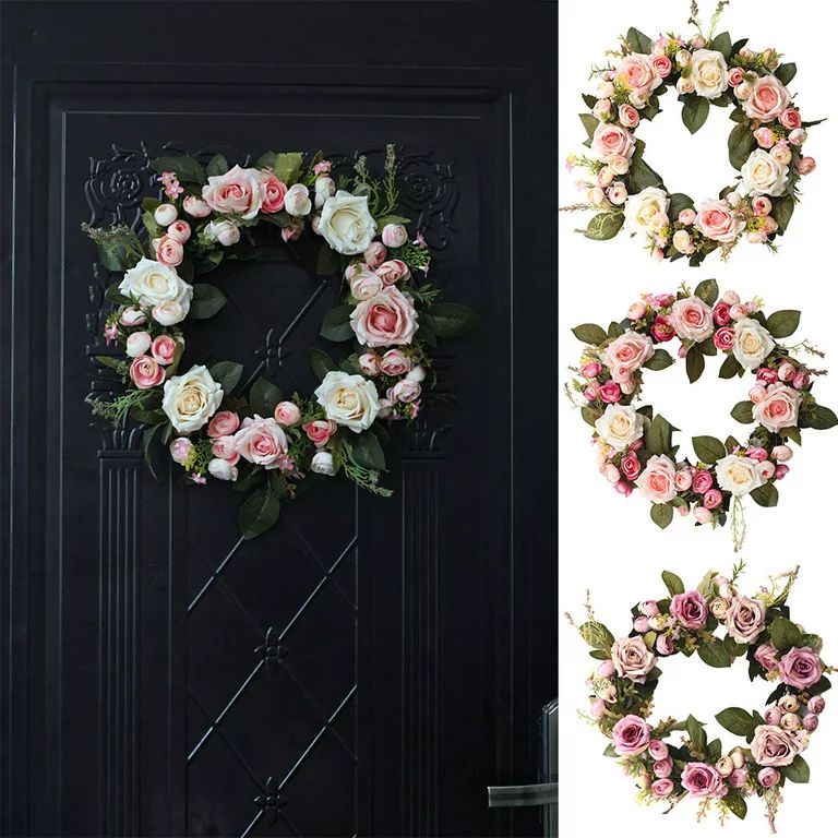Cheers.US 35cm Spring Summer Flower Wreath for Front Door Artificial Pink Rose Champagne Floral W... | Walmart (US)