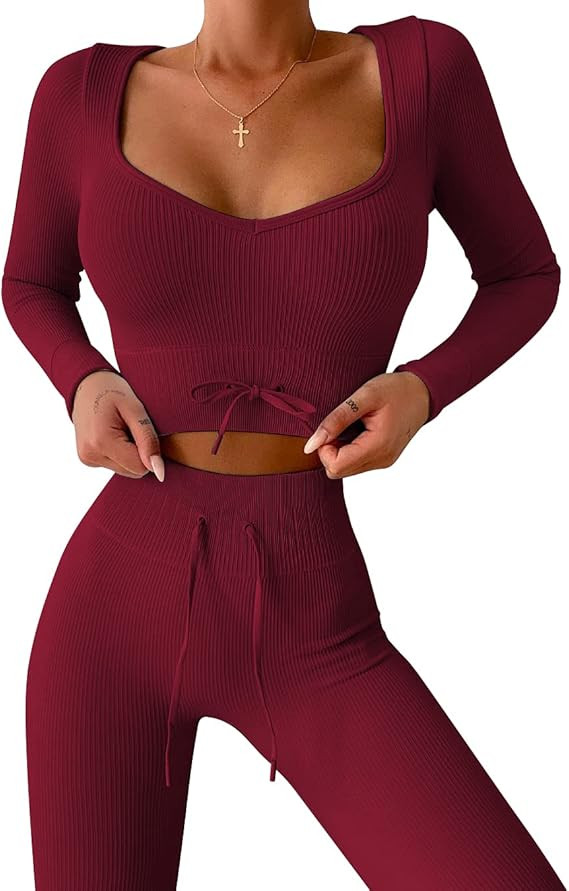 Corfrute Women Workout Sets Seamless Ribbed Crop Sport Bra Two Piece High Waist Yoga Leggging Out... | Amazon (US)