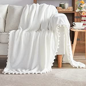 BEAUTEX Fleece Throw Blanket with Pompom Fringe, White Flannel Blankets and Throws for Couch, Sup... | Amazon (US)