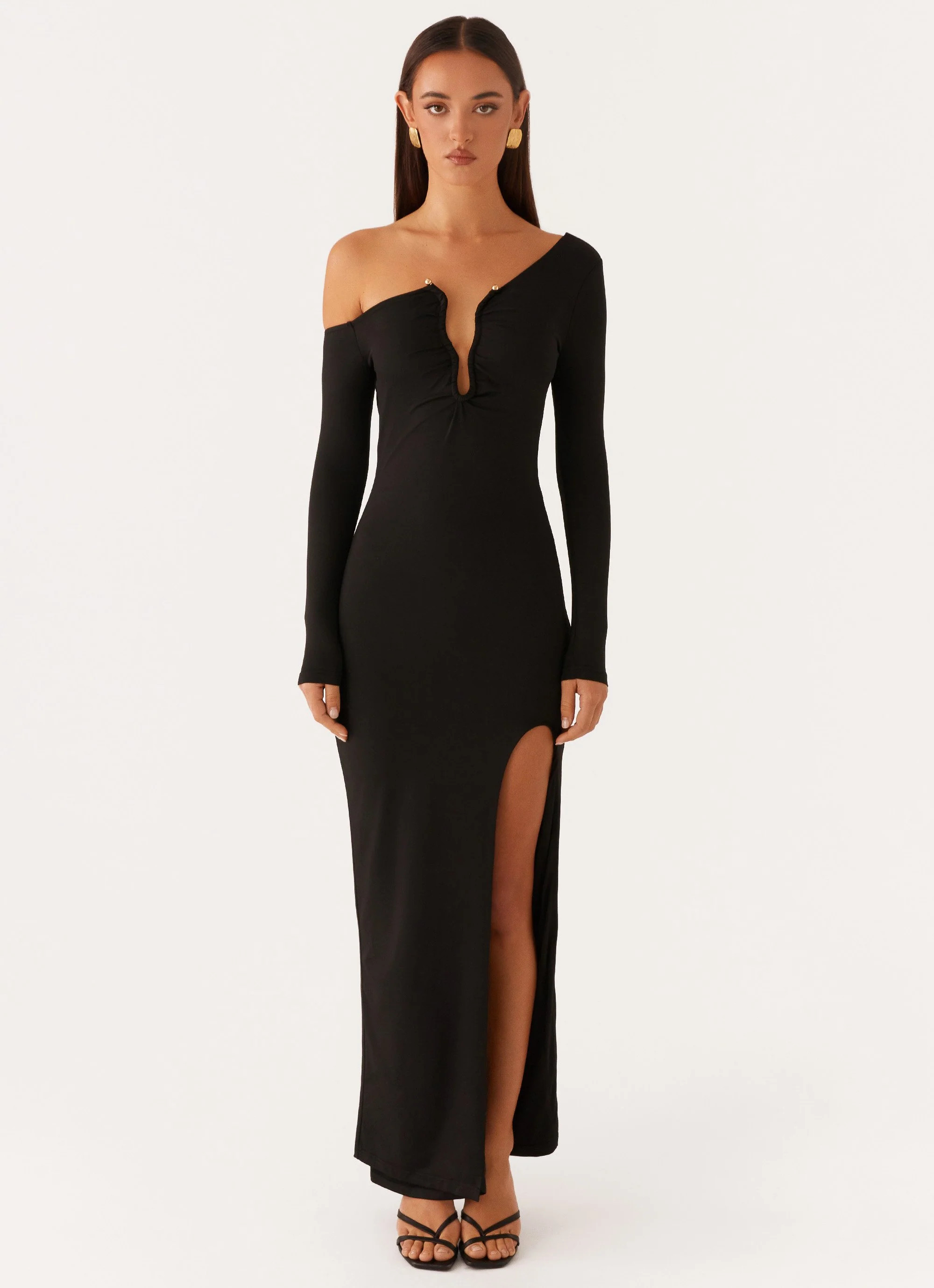Claudette Asymmetric Long Sleeve Maxi Dress - Black | Peppermayo (Global)