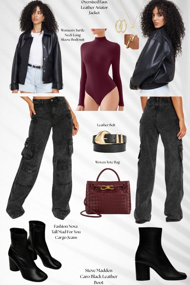 Cool-girl cargo moment with a luxe twist 😮‍💨
Oversized faux leather aviator jacket + burgundy turtleneck bodysuit + washed black cargo jeans + statement belt + burgundy woven tote + black booties.

(Shop cargo pants on Fashion Nova cite. Dm for link.) 

#LTKootd #LTKBeauty #LTKgrwm