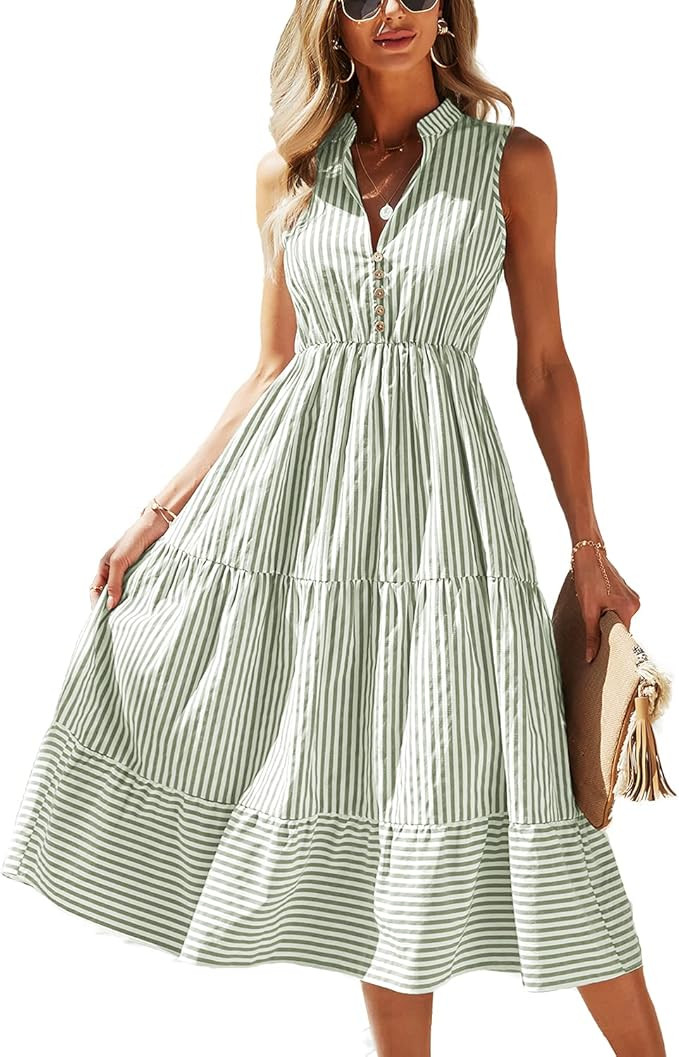 BROVAVE Womens 2025 Summer Sleeveless Shirt Dress Collar Striped V Neck Casual Midi Dresses | Amazon (US)