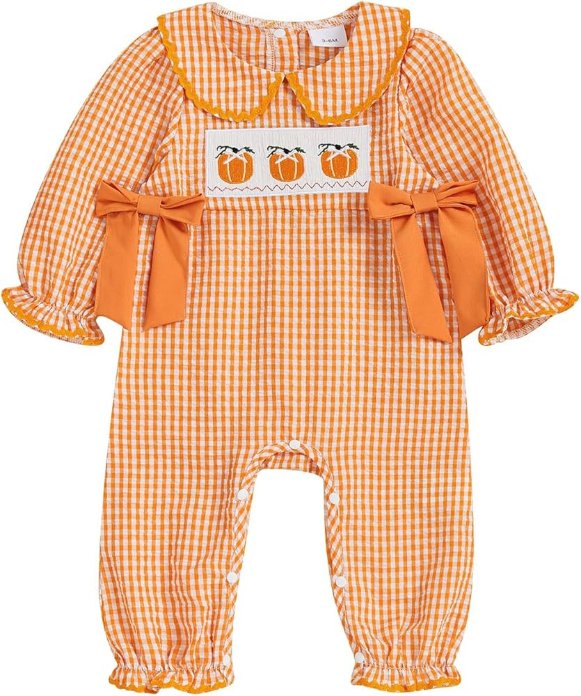 Baby Girl Halloween Newborn Fall Outfit Witch Hat Embroidery Smocked Romper Plaid Bow Jumpsuit Pu... | Amazon (US)