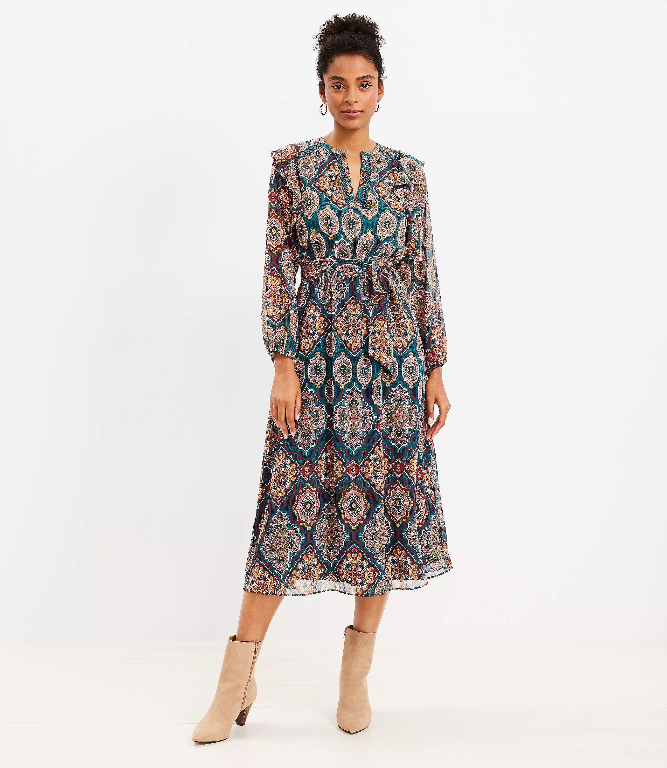 Petite Tapestry Ruffle V-Neck Midi Dress | LOFT