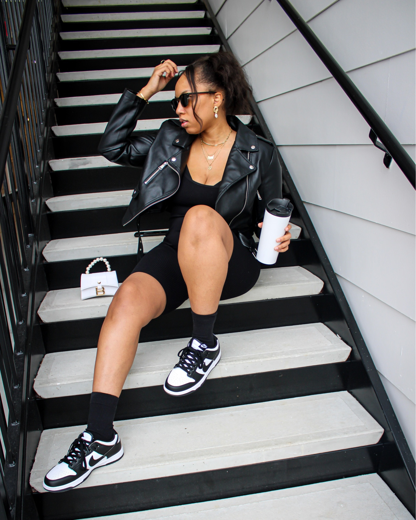 Black leather jacket, black romper, leather jacket, winter style, casual outfit, street style, Nike, sneaker styles, 