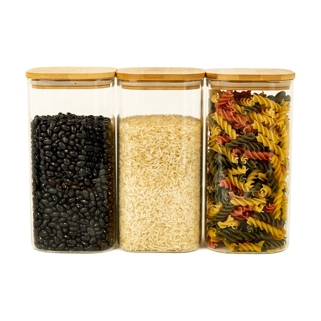 Kit 3 potes de vidro herméticos quadrados com tampa de bambu 1,4L - Oikos | Shopee (BR)